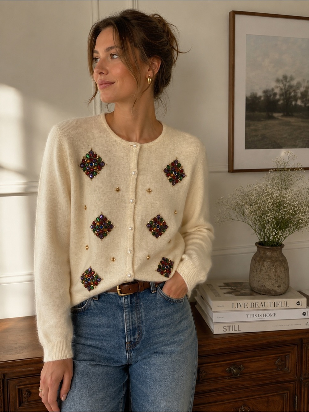 Vintage Principles Lambswool Angora Beaded Cardigan Pearl Buttons Large Granny